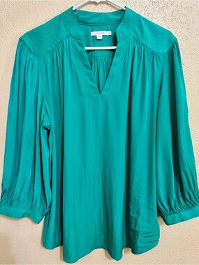 Chico's Jade Green V-Neck Pintuck Peasant Blouse